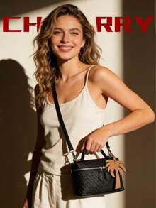 Summer Women's Elegant Fashion Handbag, Black Woven Textured Square Box Crossbody Bag, Casual Vacation Style, Lightweight Compact Tote Bag For Outdoor, Decorated With Coconut Tree Charm, Cute Minimalist Design, Suitable For Shopping, Dating, Party, Travel - Black - View 5