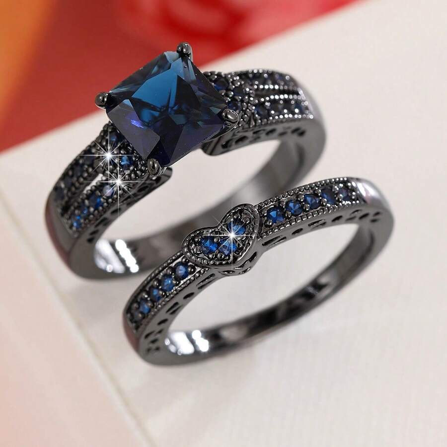 2 Pieces Copper Ring Set For Women, Elegant Retro Bridal Layering Ring With Sparkling Zirconia, Daily/Wedding Jewelry, Valentine's Day Gift