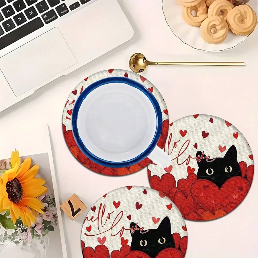2pcs/4pcs/6pcs Red Heart, Cute Cat Pattern Silicone Placemats, Valentine's Day Style, Holiday Gift, Seasonal Decor, Suitable For Dining Table, Coffee Bar, Washable, Home Decor, Coasters, Draining Mats, Kitchen Table Mats, Indoor/Outdoor Party Decorations, Ideal Gift - Multicolor - View 1