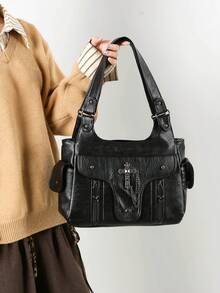 1件复古大容量手提包，复古PU单肩斜挎包，女士休闲托特包兼钱包 - 黑色 - 查看 8