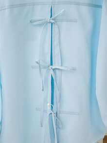 Women's Loose Fit Turndown Collar Backless Tie-Up Long Sleeve Blouse, Lightweight, Spring/Summer - Blue - View 11