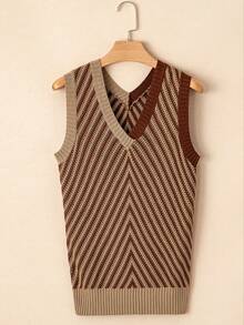 Acelitt Multicolor Striped Contrast Casual Knit Ribbed V-Neck Sleeveless Wool Vest, Summer - Khaki - View 5