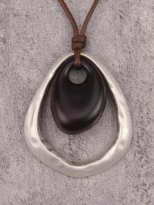 1pc Bohemian Gold & Silver Teardrop Alloy Necklace, Fashion Brown Wax Rope Long Chain, Elegant Resin Choker Necklace, Party Gift, Gift For Girlfriend/Mother - Resin - View 5