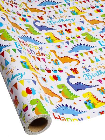 1卷恐龙图案礼品包装纸 | 适用于生日派对礼物、节日礼物、活动纪念品、派对用品搭配、周年纪念礼物和主题派对装饰