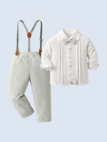 BOARNSEORL 2pcs Young Boys Gentleman Outfit - White Long Sleeve Shirt With Bow Tie And Green Suspender Pants, Fashion & Elegant For Birthday Party, Wedding, Anniversary Celebration - Green - View 2