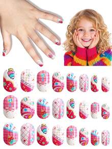 NAIO 24 Pieces Press On Nails For Kids, 1 Pack Kid Fake Nail With Striped, Ice Cream, Bow Elements Pre-Glue Short Nail Stick On Nails, Great For Children Little Girl Birthday Gifts, Parties & Makeovers Decoration - Multicolor - View 6