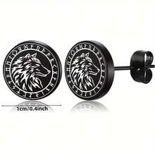 1 par de pendientes de acero inoxidable con diseño de tótem de lobo, pendientes grabados con láser y enchapados al vacío - Negro - Ver 2