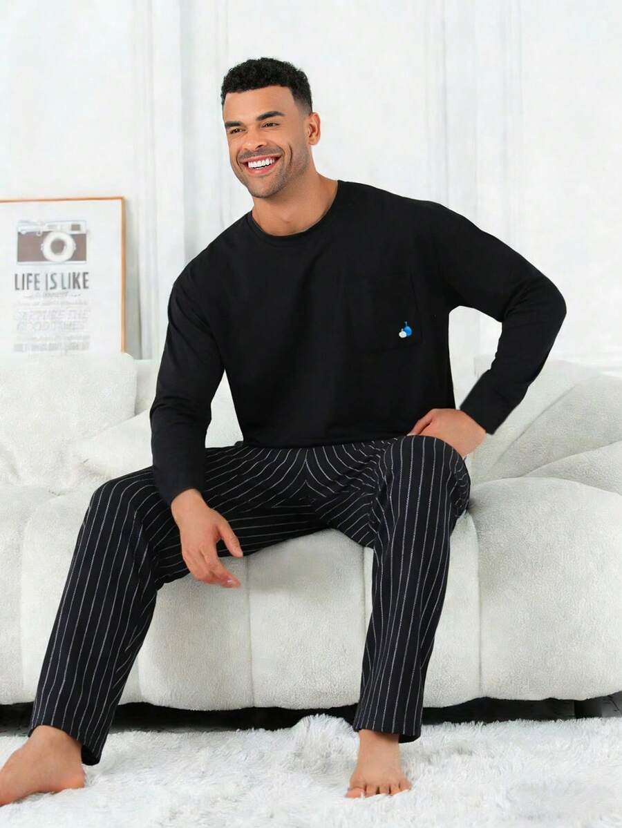 2pcs Men's Plus Size Casual Loose Solid Crew Neck Long Sleeve Top With Pockets & Striped Lounge Pants Pajama Set, Suitable For Spring, Autumn, Winter, Valentine's Day Gift