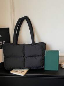 新款女士简约大容量棉质单肩包，单肩手提包 - 黑色 - 查看 6