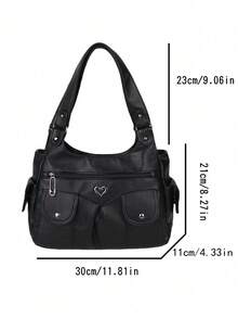 1pc Vintage Large Capacity Handbag, Vintage PU Shoulder Messenger Bag, Women Casual Tote Bag And Wallet - 黑色 - 查看 3