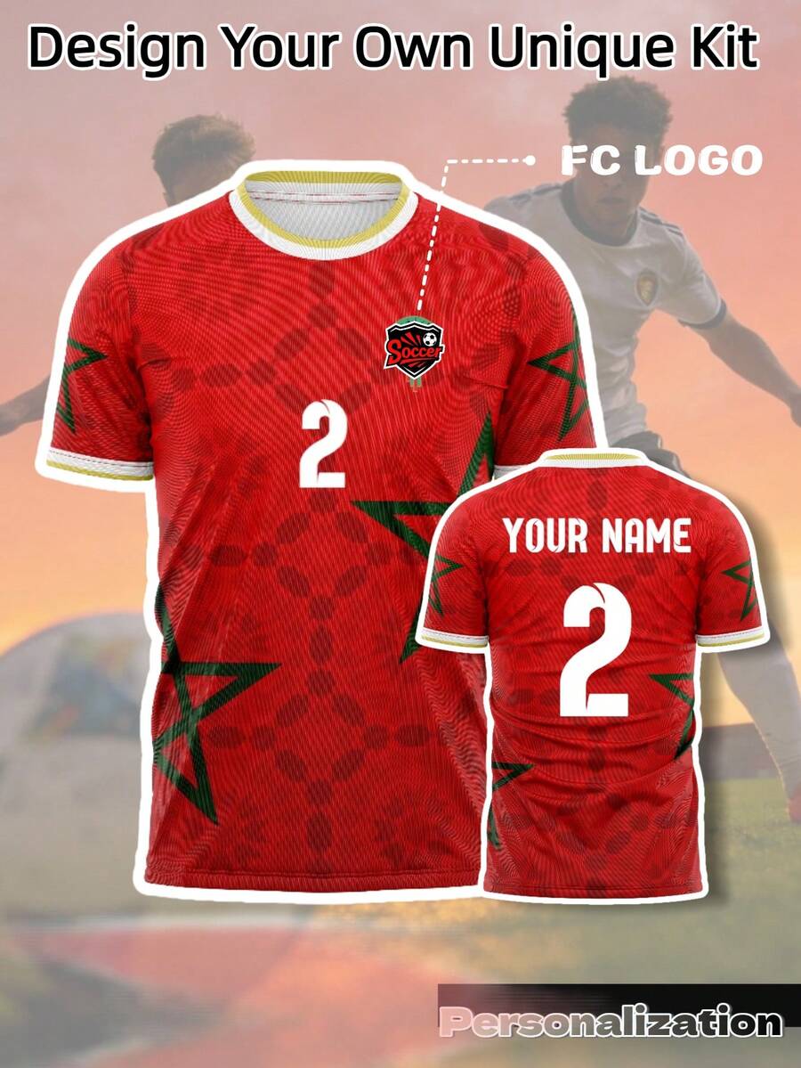 1pc Customized Men's 2026 World Cup Morocco Red Football Jersey, Red With Green Star Pattern, Customizable Name And Number, Moisture-Wicking Football Training Shirt, Suitable For Fans, Valentine's Day Gift Summer Sports - Red - View 1