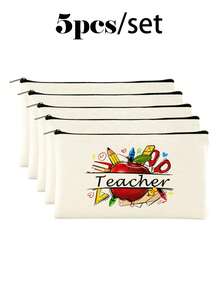10/5/4/2pcs/1pc/Set Teacher Themed Canvas Tote Bag, Shopping Bag, Zipper Pouch, Appreciation Card, Apple Keychain Canvas Gift Set, Suitable For Back To School, Graduation, Teacher's Day, Multi-Purpose Shopping Bag, Book Bag, Stationery Pouch Set, Portable For SPA, Party, Gym, Travel, Cosmetic Organizer - Beige - View 57