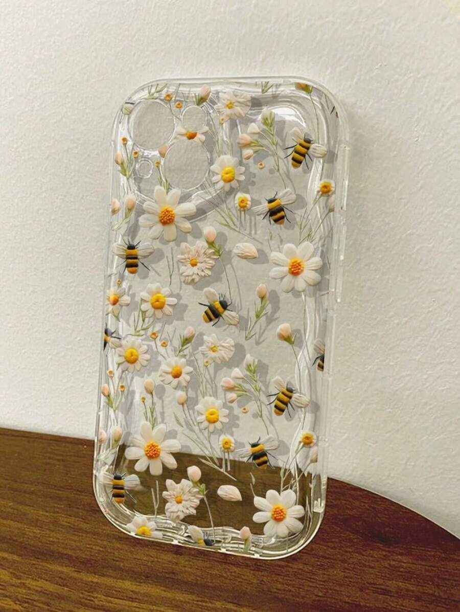 1pc Honeybee Flower Pattern Phone Case For IPhone 16 15 14 13 12 11 X A54 S24 Ultra, Soft TPU Wavy Design, Cute Creamy Texture, Anti-Fall Protective Cover For Girls Women J3W9 - 彩色 - 查看 1