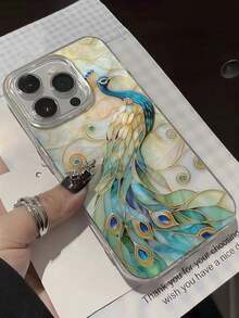 中国风孔雀纹理彩绘高端雪纺银色极简时尚手机壳，兼容 17/17 Pro/17 Pro Max/16 Pro Max/16 Pro/15/15 Pro Max、Apple P13/P14/P11/P12/XS/XR/7/8 Plus/7/8/S2/A14/A15/S23 Ultra/A50/A12/A32/A52/A72/A51/A21S/A13/A14/S22 Ultra/S23/A33/A53/S20 FE手机保护套 - 彩色 - 查看 5