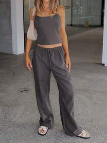 2pcs Women Y2K Minimalist Solid Color Outdoor/Commute Comfortable Camisole Top And Elastic Waist Pants Set, Summer - Dark Gray-brown - View 6