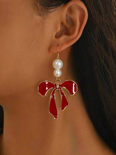 1 Pair Spring/Summer Faux Pearl Red Enamel Bow Earrings, Fashionable & Elegant Jewelry For Women, Versatile For Daily Wear And Holiday Gifts, Ideal For Valentine's Day And Mother's Day