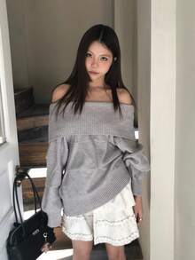 韩版女士休闲露肩针织衫，适合秋冬春季穿着 - 灰色 - 查看 10