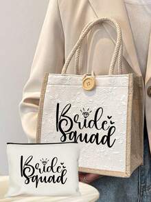 新娘蕾丝印花手提包 白色化妆包 - 印有“爱意满满”字样，新娘字母图案，单件派对婚礼旅行洗漱包，便携式化妆包，多功能包，旅行化妆包，字母图案拉链收纳包 - 彩色 - 查看 22