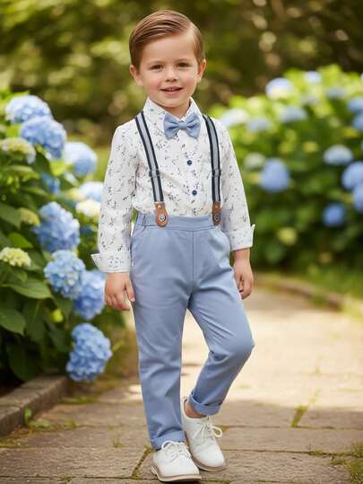 BOARNSEORL 2pcs Young Boys Gentleman Outfit - Long Sleeve Shirt With Bow Tie And Blue Suspender Pants, Fashion Suitable For Birthday Party, Wedding, Anniversary, Holiday