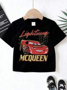 Disney Black Background Cars Lightning McQueen Number 95 Print Kids' Short Sleeve T-Shirt - Playful And Cool Racing Style Top - Black - View 3