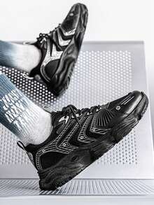 男士休闲通勤舒适厚底休闲鞋，适合多种场合，时尚简约小众设计，透气低帮运动鞋，适合青少年运动跑步 - 黑色 - 查看 1