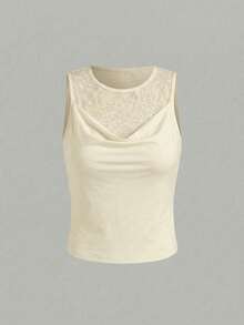 女士夏季蕾丝吊带背心，短款，圆领，修身，无袖，可叠穿，深V领，黑色，性感，优雅，迷人，浪漫，派对装 - 杏色 - 查看 6