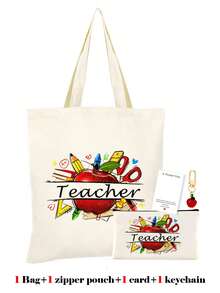 10/5/4/2pcs/1pc/Set Teacher Themed Canvas Tote Bag, Shopping Bag, Zipper Pouch, Appreciation Card, Apple Keychain Canvas Gift Set, Suitable For Back To School, Graduation, Teacher's Day, Multi-Purpose Shopping Bag, Book Bag, Stationery Pouch Set, Portable For SPA, Party, Gym, Travel, Cosmetic Organizer - Beige - View 16