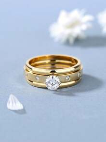3枚简约水钻装饰学生戒指，时尚韩版戒指礼物 - 金色代抓 - 查看 7