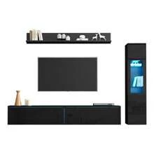 3-Piece TV Unit Set With LED Lighting, High-Gloss Black Living Room Furniture Set, Black Wall-Front Unit: 1 X TV Unit, 1 X Living Room Display Cabinet, 1 X Wall Shelf, Suitable For TVs Up To 80". - Black - View 6