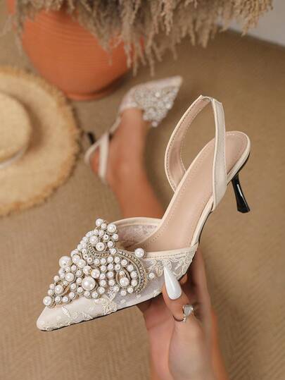 Women's 2026 Spring/Summer New Embroidered Lace Mesh Pointed Toe High Heel Fashion Mules, Pointed Toe High Heel Faux Pearl Crown Decor Slip-On Comfortable Women's Shoes, Versatile Elegant, Suitable For Outdoor Gatherings, Parties, Weddings, High-End Sandals