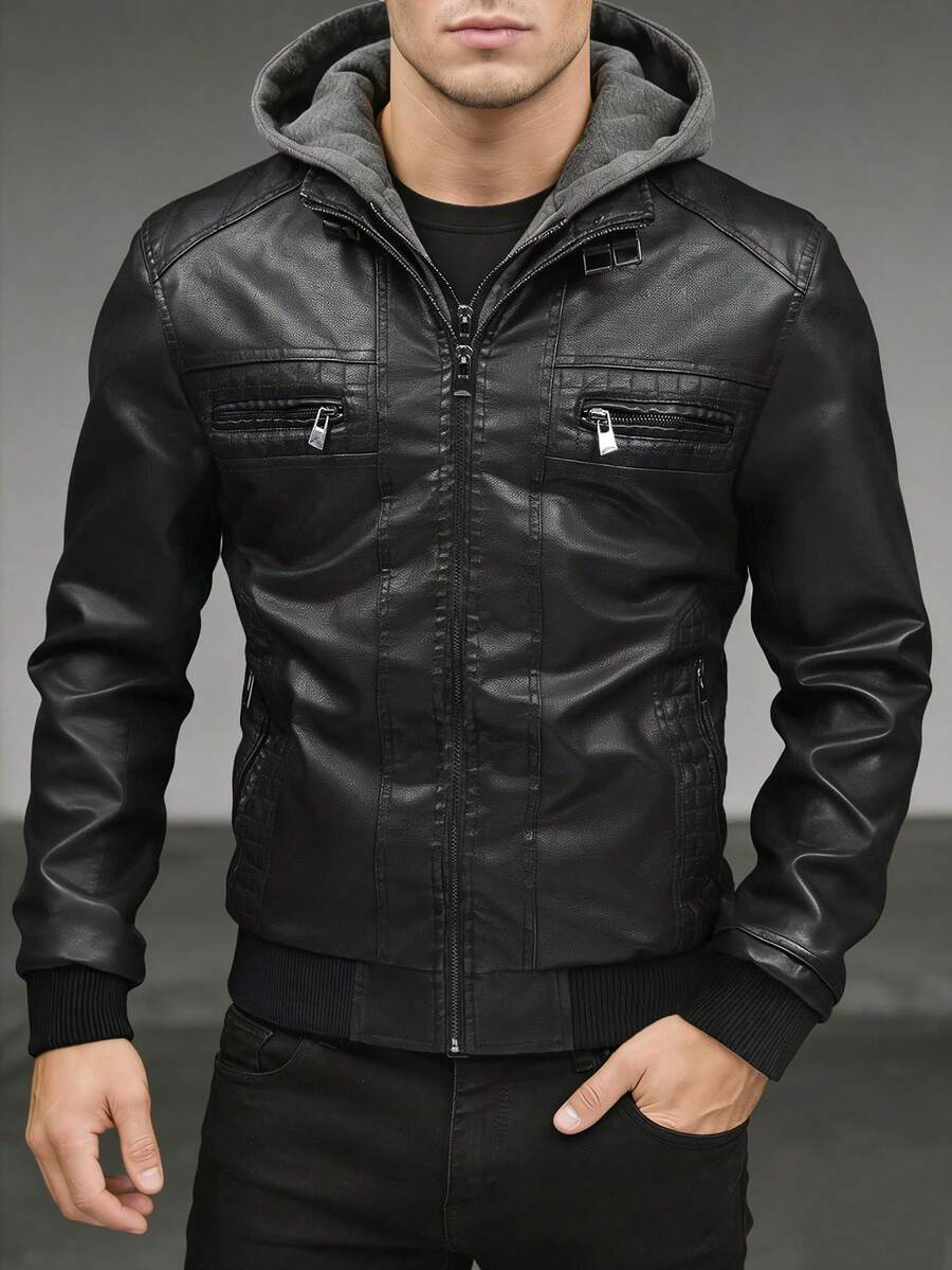 Men's Black Faux Leather Hooded Jacket | Casual Streetwear Style Removable Hood PU Leather Coat | Windproof Zip-Up Bomber Jacket With Chest Pockets & Ribbed Cuffs | Perfect For Fall Winter Daily Wear & Outdoor Activities - 黑色 - 查看 1