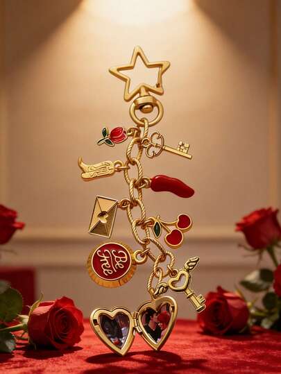 Nyckelring med Alla hjärtans dag-tema - Väskor, nycklar, vattenflasktillbehör, moderiktiga element som hjärtan, kuvert, blommor etc. Fotolådan kan innehålla foton av älskare, fruar, partners, husdjur, med minnesbetydelse. Väsktillbehör, bilnyckeldekorationstillbehör, lämplig att ge till partners födelsedagar, Alla hjärtans dag, nyårsdagen, bröllopspresenter, bröllopssäsong