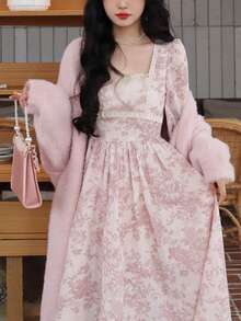 Women's Pink Floral Lace Patchwork Square Neck Long Sleeve Maxi Dress, Ruffle Hem, Detachable Bow, High Waist Slim Dress, Elegant Dress For Dating, Party, Vacation, Easter Outfit, Women's Summer Clothes - Hồng - Xem 4