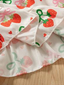 Gaun Kasual Tanpa Lengan Selutut Motif Buah untuk Anak Perempuan dengan Desain Lubang di Bagian Belakang, Cocok untuk Musim Semi/Panas - Merah - View 9