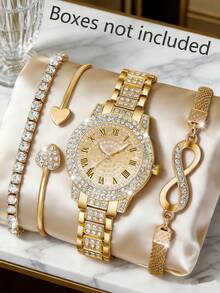 4pcs Luxury Diamond-Encrusted Women's Gold Watch Set, Including Diamond Gradient Dial Quartz Watch, Heart-Shaped Bracelet, Diamond Chain Bracelet, And Infinity Symbol Bracelet. The Dial Is Inlaid With Sparkling Diamonds, With A Gorgeous And Exquisite Style That Radiates Alluring Charm. - Gold - View 7