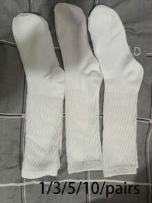 3 Pairs Women's Solid White Crew Socks, Versatile - White - View 9