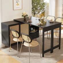 360° Swivel Bar Table (Main Body Dimensions: 107 X 40 X 71.4 Cm), Black Extendable Designer Bar Table, Storage Unit With Rattan Door And Open Shelf, Ideal For Kitchen And Dining Room. - 黑色 - 查看 3