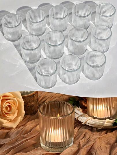 1/6pcs Wedding Decor Tea Light Candle Holders Set, Transparent Glass DIY Wax Seal Romantic Tea Candle Holders, Retro Striped Tea Candle Holders, Suitable For Centerpiece, Holiday Decor (Transparent, Green, Pink, Blue, Amber)