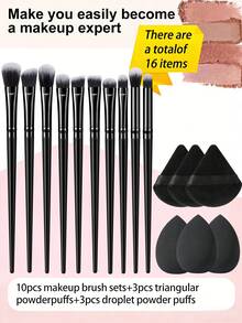 16件套完整化妆刷套装，包含10支柔软的化妆刷，如轮廓刷、眼影刷、眉刷、唇刷和细节刷，另加3个三角海绵和3个液体化妆蛋，适合初学者、专业化妆师和新手美容练习。 - 黑色 - 查看 1