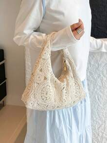 Hollow Floral Woven Bag Bohemian Beach Bag Holiday Casual Bag (Pattern Random) - Beige - View 7