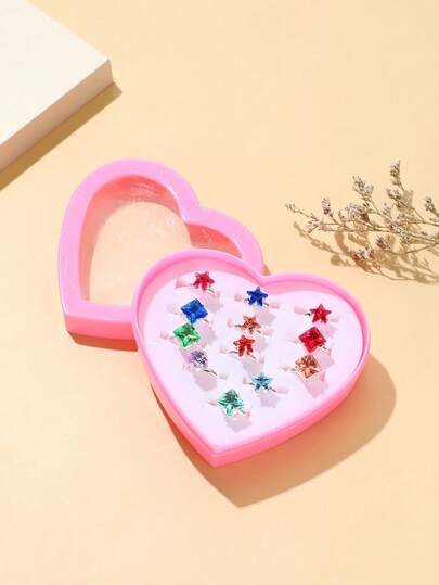 12件套彩色星星戒指礼盒，闪亮多色设计，可爱配饰，适合日常休闲或作为礼物（颜色随机）