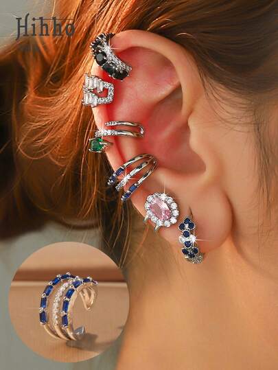 Hihho 1pc Fashionable Multi-Layer Cubic Zirconia Retro C-Shape Ear Cuff, Colorful Gemstone Inlaid Copper Jewelry For Women