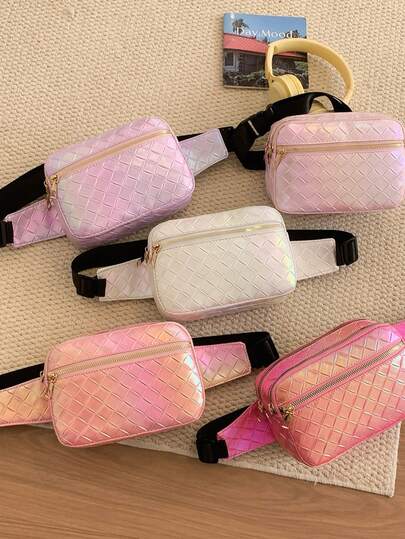 1pc Girl's PU Crossbody Bag, Colorful Embossed Multi-Layer Shoulder Waist Bag, Luxurious Candy Color Rhombus Chest Bag, Fashionable Versatile Small Square Bag, Zipper Closure, Suitable For Outings, Daily Matching, Shopping, Travel, Ideal Gift