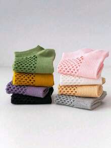 5双夏季新款女士袜子，透气吸汗涤棉混纺女士船袜，破洞袜，日式网眼袜 - 彩色 - 查看 2