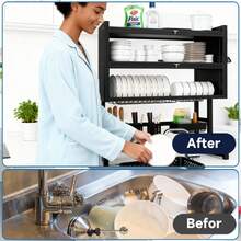 HanTai Over The Sink Dish Drainer Drying Rack, 4 Tier Full Stainless Steel Storage Adjustable Length Kitchen Rack, Multifunctional Expandable Counter Organizer, Space Saver Dish Rack - 黑色 - 查看 10