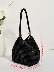 Lightweight Business Casual Rhinestone Decor Mini Drawstring Bucket Bag, Transparent Faux Pearl Evening Clutch - Black - View 4