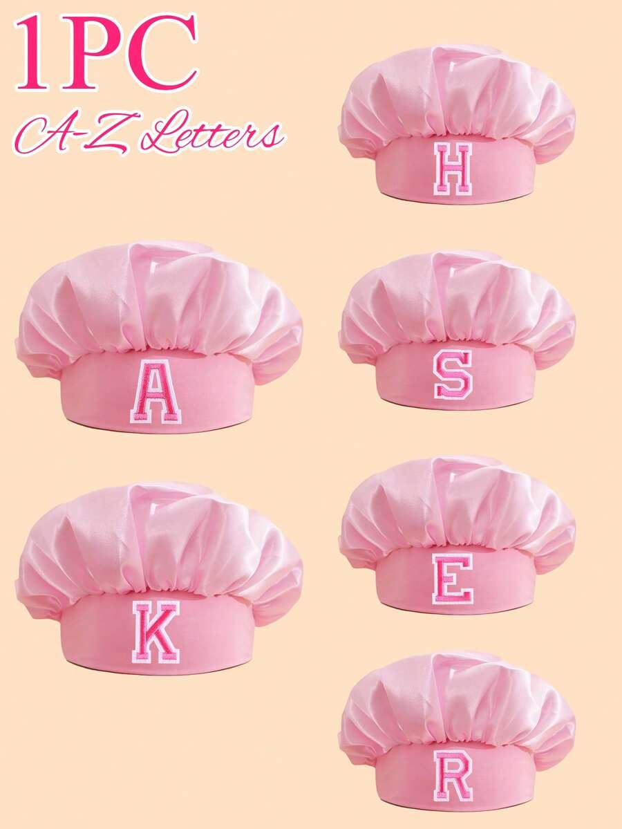 1顶女童粉色字母图案睡帽，26个字母可定制，适合作为生日和节日礼物，时尚精致轻盈柔软，是日常休息、睡眠和护发的理想之选 - 粉色 - 查看 1
