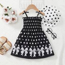 Mommbabay Summer Girls Bowknot Strap Dress, Baby Girl Cute Sleeveless Polka Dot Print Sundress With Hat - Black - View 2