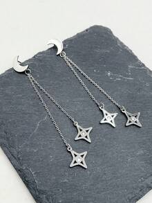 Mazuer 一对Y2K时尚水晶星月双链流苏耳环，不锈钢材质，适合女性佩戴，可用于派对、约会、通勤等场合。 - 銀色 - 查看 3