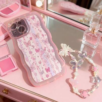 1个时尚波浪不规则保护手机壳，星形爱心蝴蝶手链配件，条纹蝴蝶元素图案，兼容 17 Air/17 Pro/17 Pro Max/17/16 e/16/15/14/13/12/11/X/Xr/8/7/Galaxy A14/A15/A54/S24/S24 Ultra系列